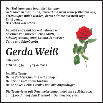 Traueranzeige von Gerda Weiß von Mitteldeutsche Zeitung Bitterfeld