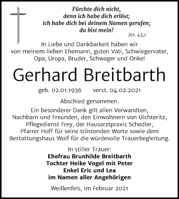 Traueranzeige von Gerhard Breitbarth von Super Sonntag Weißenfels