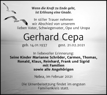 Traueranzeige von Gerhard Cepa von Mitteldeutsche Zeitung Naumburg/Nebra