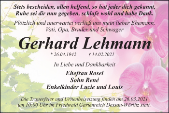 Traueranzeige von Gerhard Lehmann von Super Sonntag Dessau-Roßlau