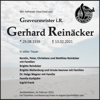 Traueranzeige von Gerhard Reinäcker von Super Sonntag Aschersleben
