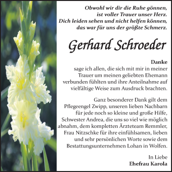 Traueranzeige von Gerhard Schroeder von Mitteldeutsche Zeitung Bitterfeld
