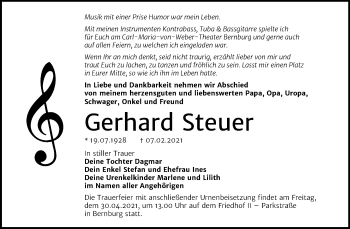 Traueranzeige von Gerhard Steuer von Super Sonntag Bernburg