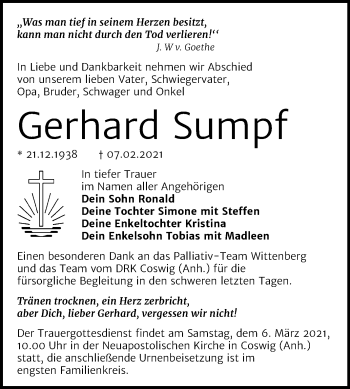 Traueranzeige von Gerhard Sumpf von Mitteldeutsche Zeitung Wittenberg