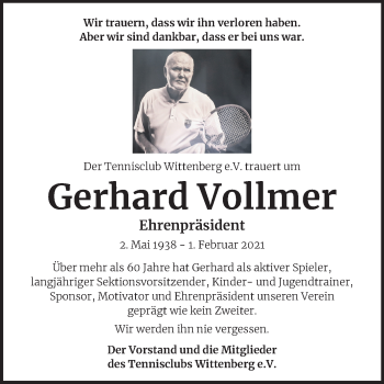 Traueranzeige von Gerhard Vollmer von Mitteldeutsche Zeitung Wittenberg
