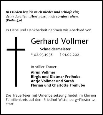 Traueranzeige von Gerhard Vollmer von Super Sonntag Wittenberg