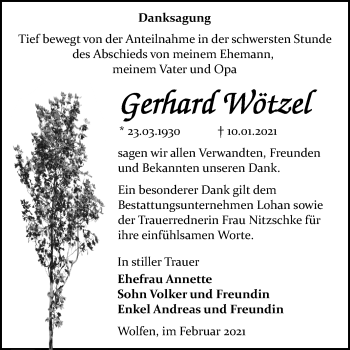 Traueranzeige von Gerhard Wötzel von Mitteldeutsche Zeitung Bitterfeld