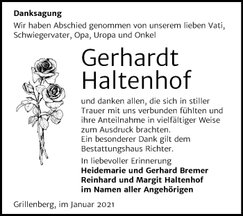 Traueranzeige von Gerhardt Haltenhof von Super Sonntag Sangerhausen