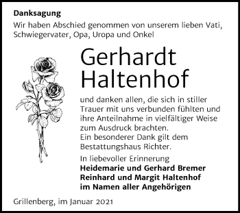 Traueranzeige von Gerhardt Haltenhof von Mitteldeutsche Zeitung Sangerhausen