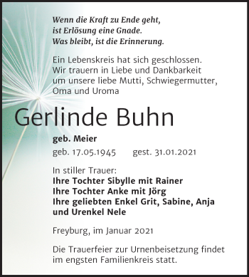 Traueranzeige von Gerlinde Buhn von Super Sonntag Naumburg/Nebra