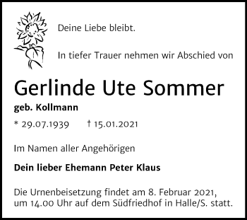 Traueranzeige von Gerlinde Ute Sommer von Mitteldeutsche Zeitung Mansfelder Land / Sangerhausen
