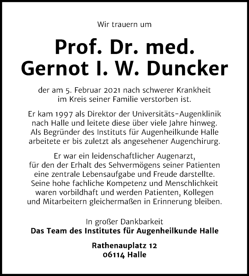  Traueranzeige für Gernot I. W.  Duncker vom 13.02.2021 aus Mitteldeutsche Zeitung Halle/Saalkreis