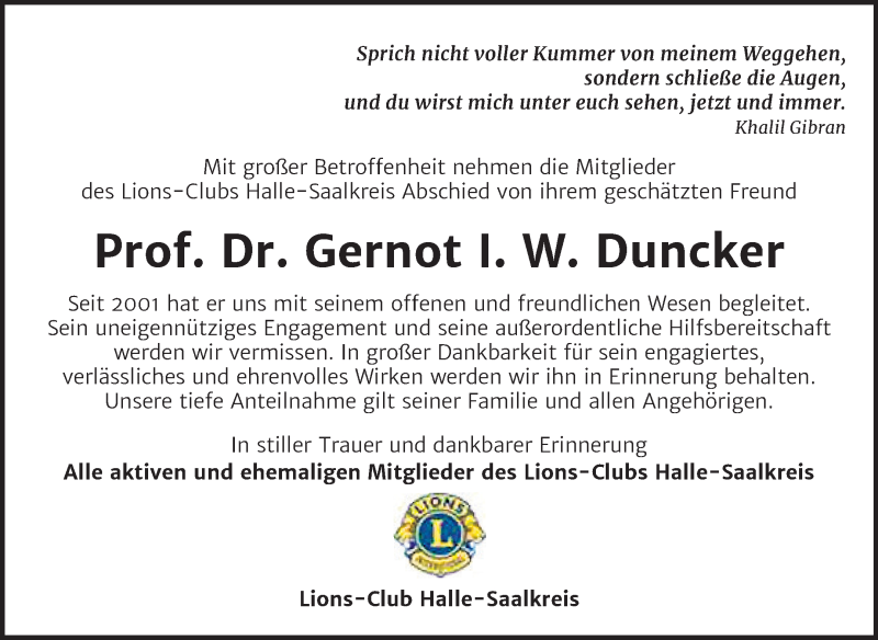  Traueranzeige für Gernot I. W.  Duncker vom 20.02.2021 aus Mitteldeutsche Zeitung Halle/Saalkreis