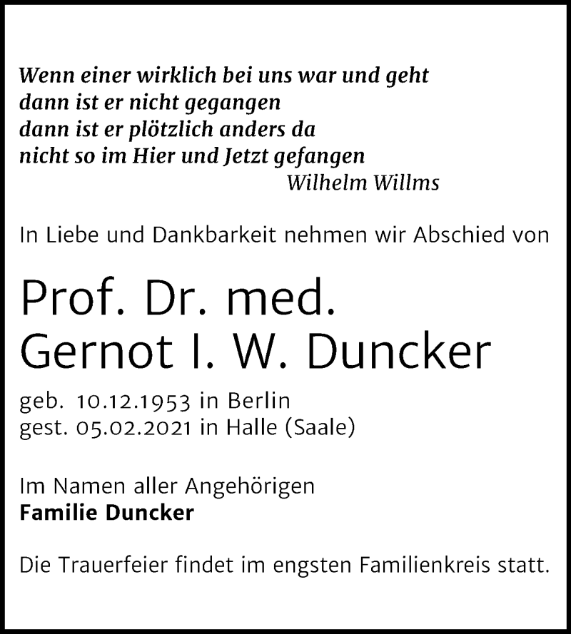  Traueranzeige für Gernot I. W.  Duncker vom 13.02.2021 aus Mitteldeutsche Zeitung Halle/Saalkreis
