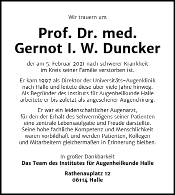 Traueranzeige von Gernot I. W.  Duncker von Mitteldeutsche Zeitung Halle/Saalkreis