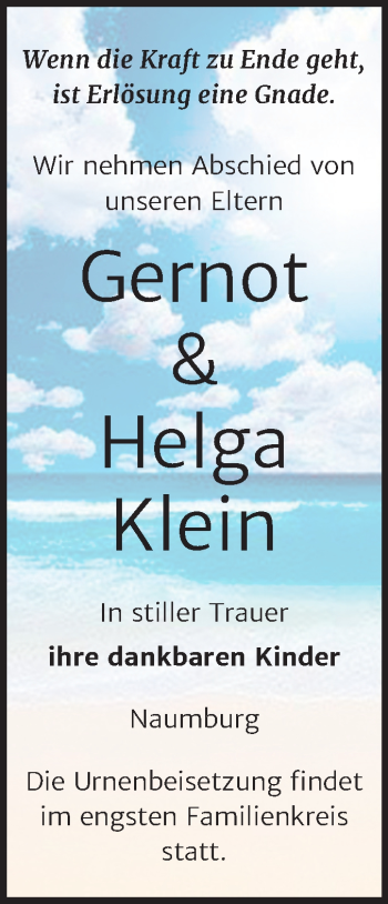 Traueranzeige von Gernot und Helga Klein von Super Sonntag Naumburg/Nebra