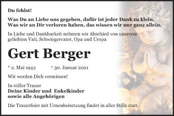 Traueranzeige von Gert Berger von Mitteldeutsche Zeitung Bitterfeld