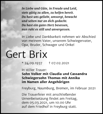 Traueranzeige von Gert Brix von Super Sonntag Naumburg/Nebra
