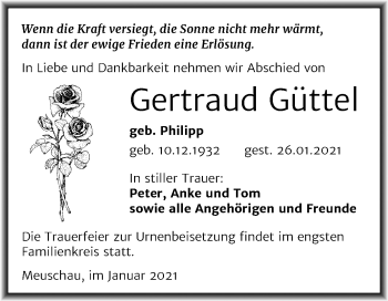 Traueranzeige von Gertraud Güttel von Mitteldeutsche Zeitung Merseburg/Querfurt
