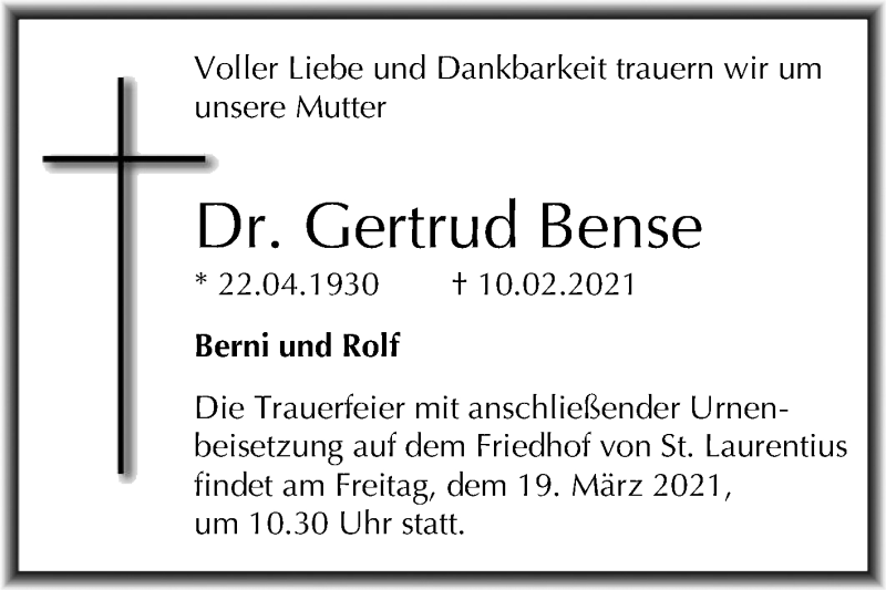  Traueranzeige für Gertrud Bense vom 13.02.2021 aus Mitteldeutsche Zeitung Halle/Saalkreis