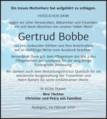 Traueranzeige von Gertrud Bobbe von Super Sonntag Köthen