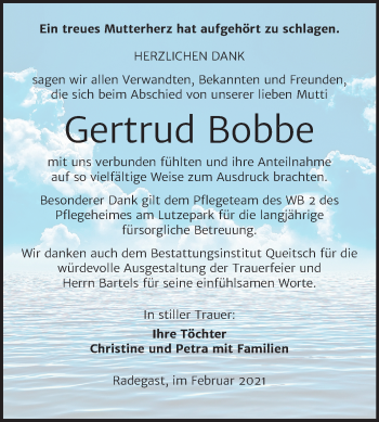 Traueranzeige von Gertrud Bobbe von Mitteldeutsche Zeitung Köthen