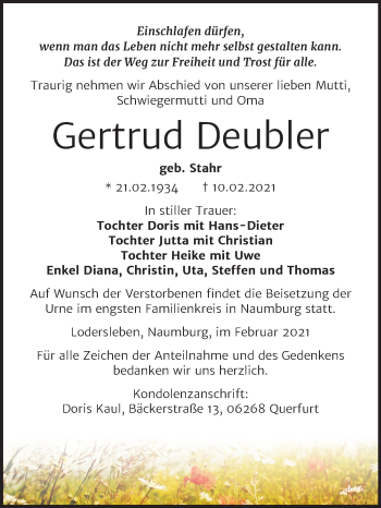 Traueranzeige von Gertrud Deubler von Mitteldeutsche Zeitung Merseburg/Querfurt