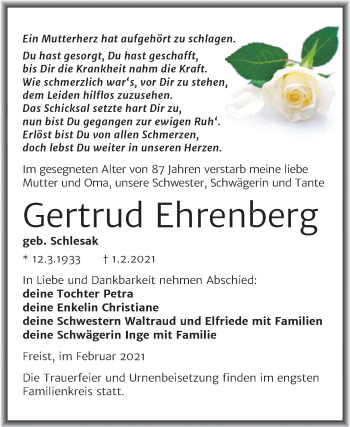 Traueranzeige von Gertrud Ehrenberg von Super Sonntag Mansfelder Land