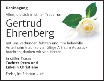Traueranzeige von Gertrud Ehrenberg von Mitteldeutsche Zeitung Mansfelder Land