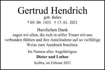Traueranzeige von Gertrud Hendrich von Super Sonntag Sangerhausen