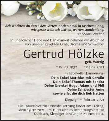 Traueranzeige von Gertrud Hölzke von Mitteldeutsche Zeitung Köthen