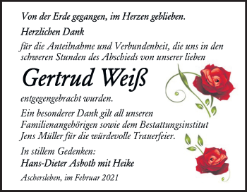 Traueranzeige von Gertrud Weiß von Super Sonntag Aschersleben