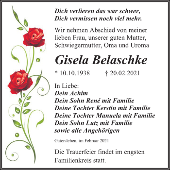 Traueranzeige von Gisela Belaschke von Super Sonntag Aschersleben