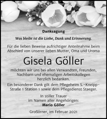 Traueranzeige von Gisela Göller von Super Sonntag Mansfelder Land