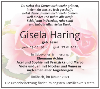 Traueranzeige von Gisela Haring von Mitteldeutsche Zeitung Merseburg/Querfurt