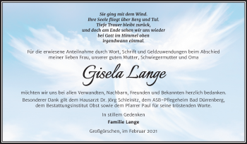 Traueranzeige von Gisela Lange von Mitteldeutsche Zeitung Weißenfels