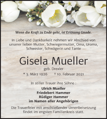 Traueranzeige von Gisela Mueller von Super Sonntag Bernburg
