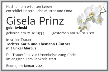 Traueranzeige von Gisela Prinz von Super Sonntag Merseburg/Querfurt