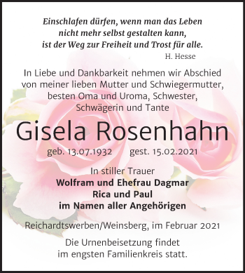 Traueranzeige von Gisela Rosenhahn von Mitteldeutsche Zeitung Weißenfels