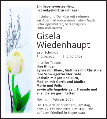 Traueranzeige von Gisela Wiedenhaupt von Super Sonntag Aschersleben