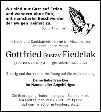 Traueranzeige von Gottfried  Fiedelak von Mitteldeutsche Zeitung Naumburg/Nebra