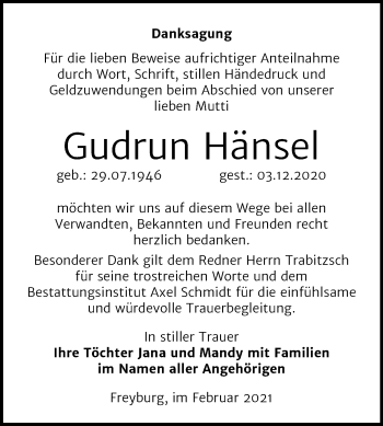 Traueranzeige von Gudrun Hänsel von Super Sonntag Naumburg/Nebra