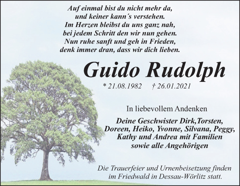  Traueranzeige für Guido Rudolph vom 06.02.2021 aus Mitteldeutsche Zeitung Dessau-Roßlau