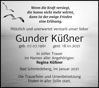 Traueranzeige von Gunder Küßner von Super Sonntag Wittenberg