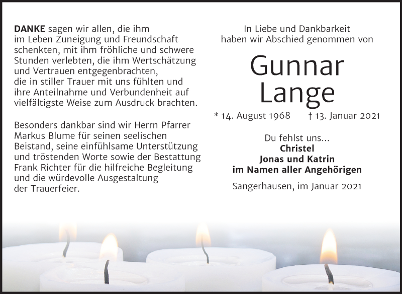  Traueranzeige für Gunnar Lange vom 11.02.2021 aus Mitteldeutsche Zeitung Sangerhausen