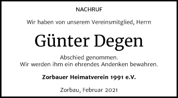 Traueranzeige von Günter Degen von Mitteldeutsche Zeitung Weißenfels