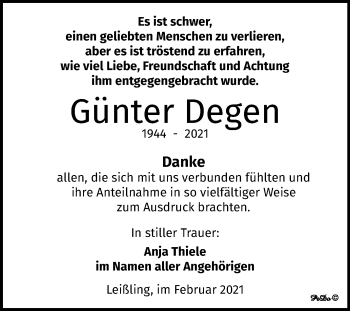 Traueranzeige von Günter Degen von Mitteldeutsche Zeitung Weißenfels