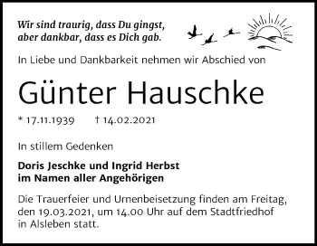 Traueranzeige von Günter Hauschke von Mitteldeutsche Zeitung Bernburg
