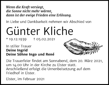 Traueranzeige von Günter Kliche von Super Sonntag Wittenberg