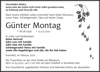 Traueranzeige von Günter Montag von Super Sonntag Mansfelder Land
